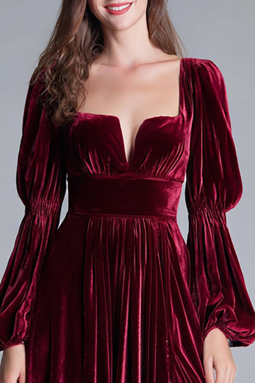 Burgundy A-Line Long Sleeve Velvet Holiday Party Dress With Slit